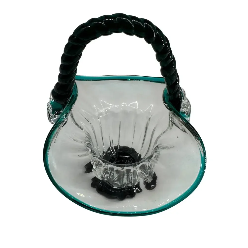 Vintage Hand Blown Art Glass Basket Teal Blue Rim Rope Handle Murano Style